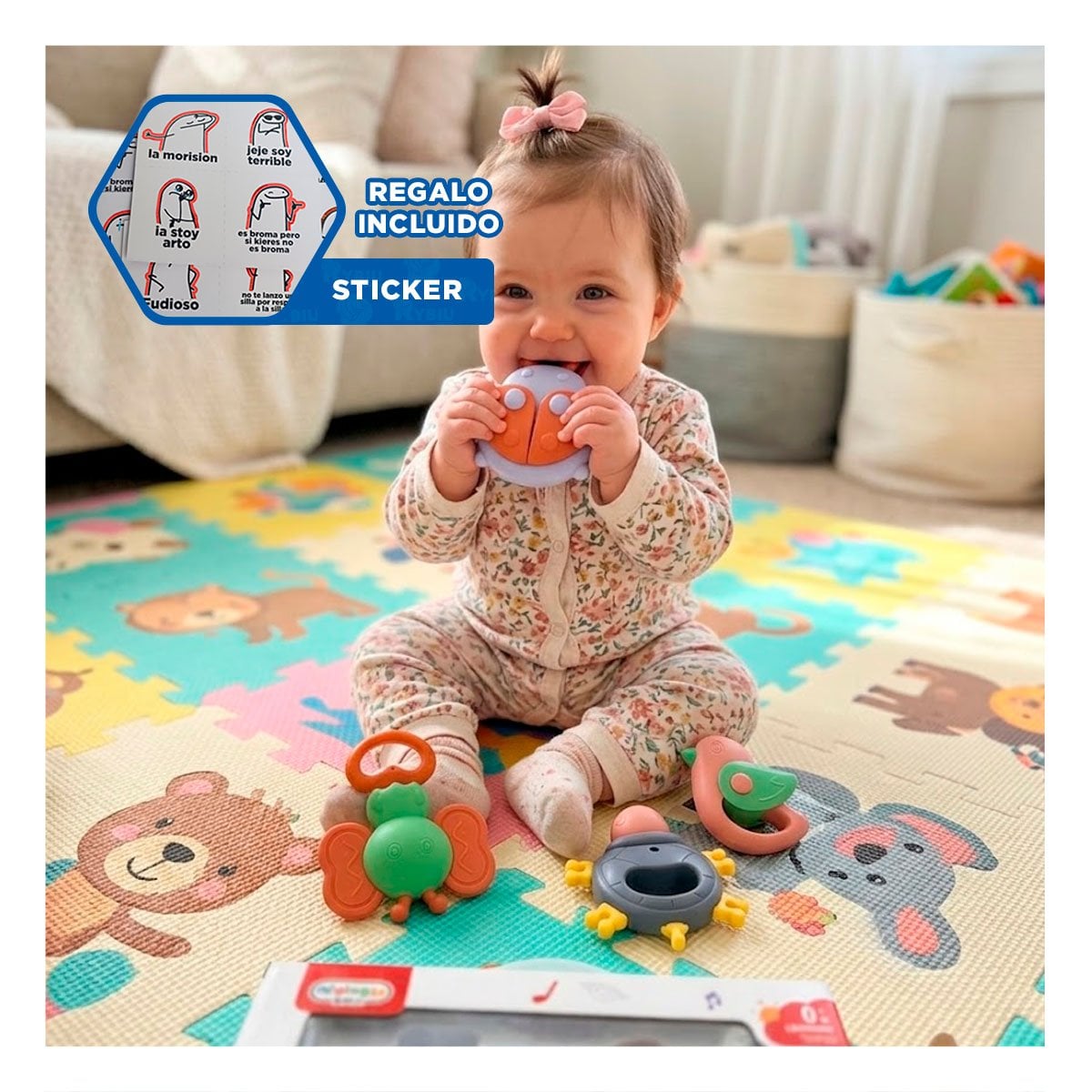 JUGUETES PARA BEBE MULTICOLOR CON ESTIMULACION SENSORIAL 4 PIEZAS Y REGALO STICKER - 1