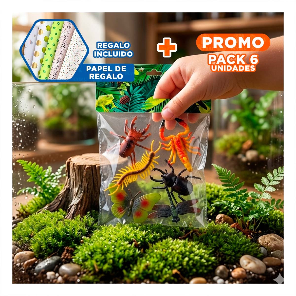 PACK6 SET INFANTIL DE ANIMALES INSECTOS 6 PZS MULTICOLOR PARA JUEGOS CREATIVOS YPAPEL REGALO - 1