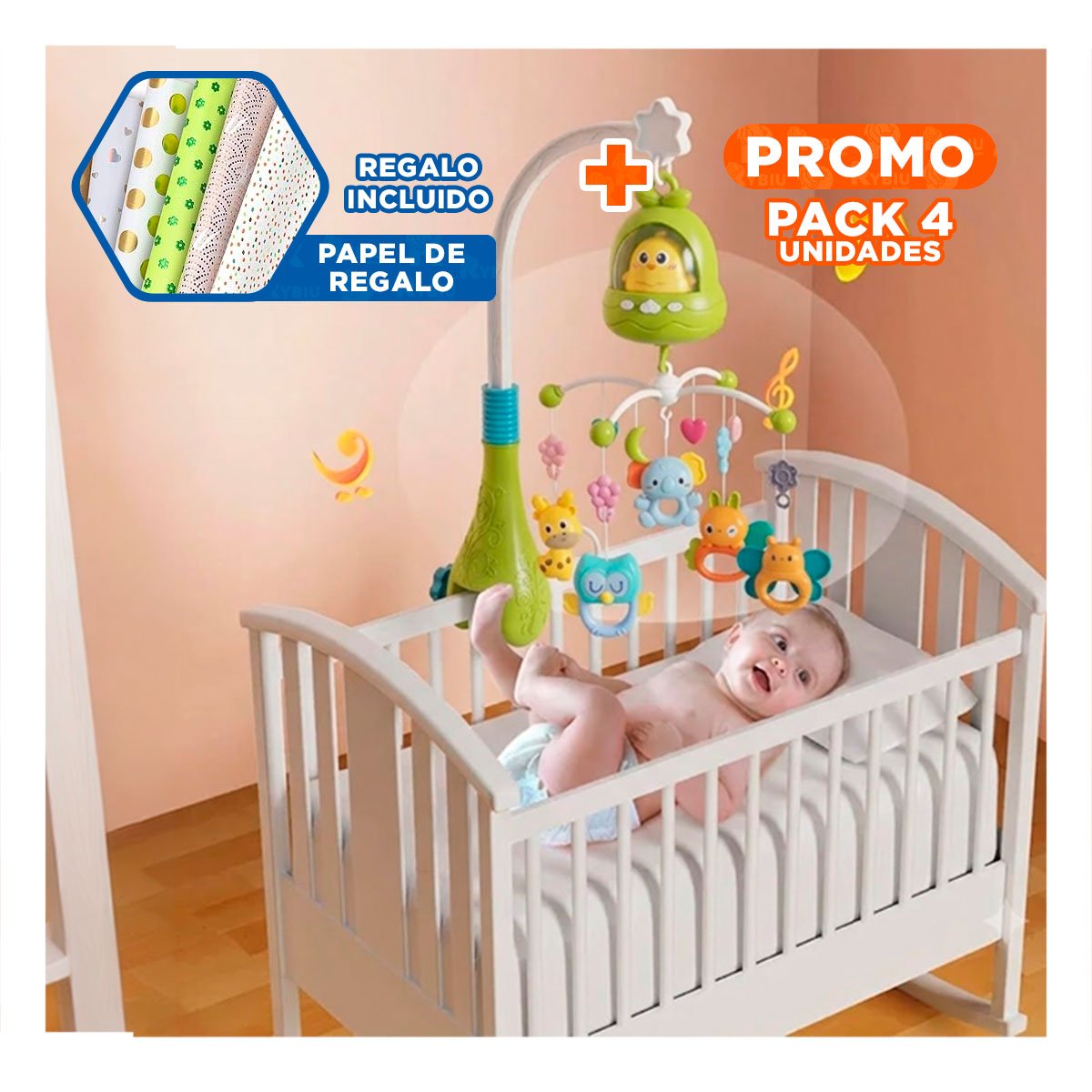 PACK4 JUGUETE SONORO POLLO VERDE PARA BEBE CON MUSICA PARA CUNA YPAPEL REGALO - 1