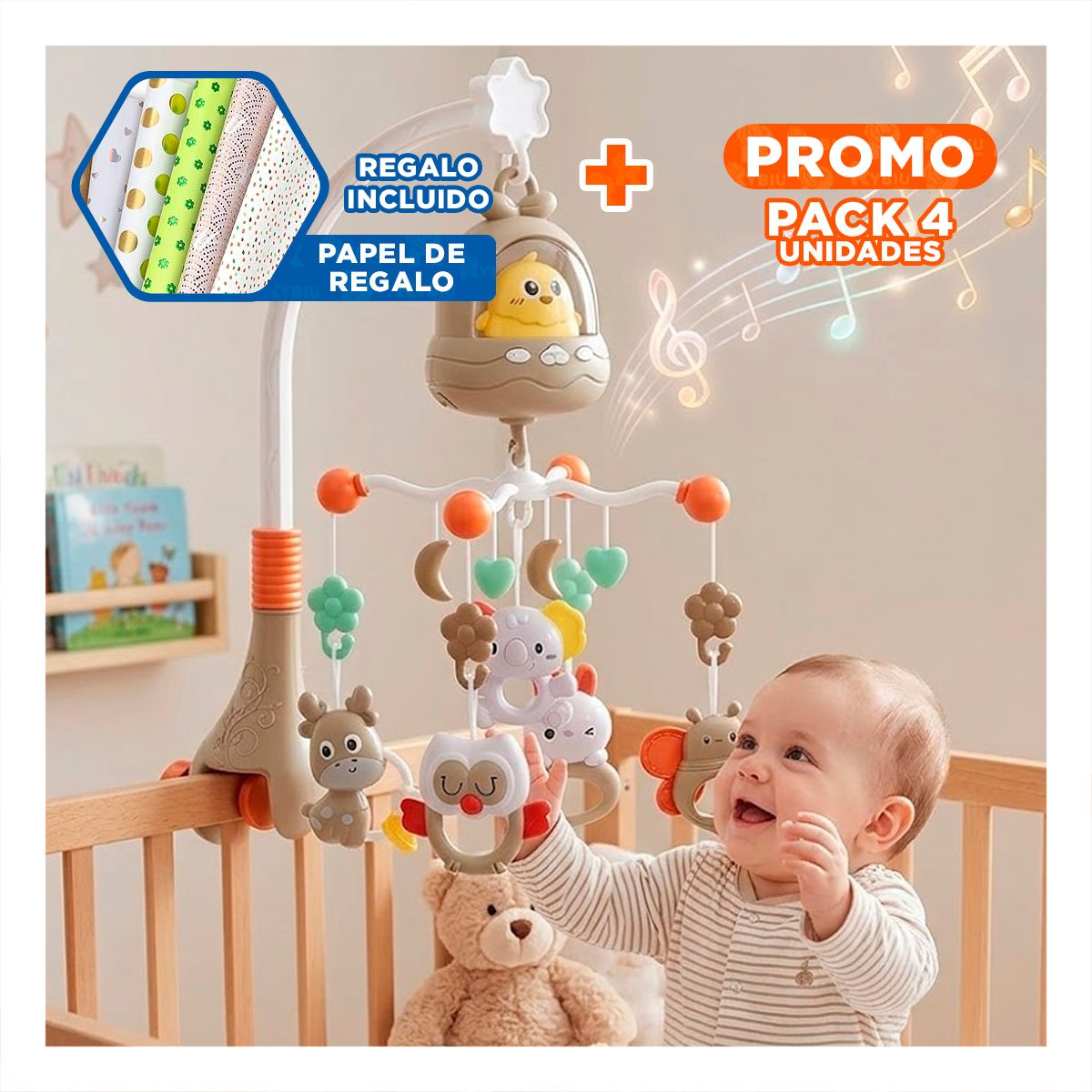 PACK4 JUGUETE SONORO POLLO MARRON PARA BEBE CON MUSICA PARA CUNA YPAPEL REGALO - 1