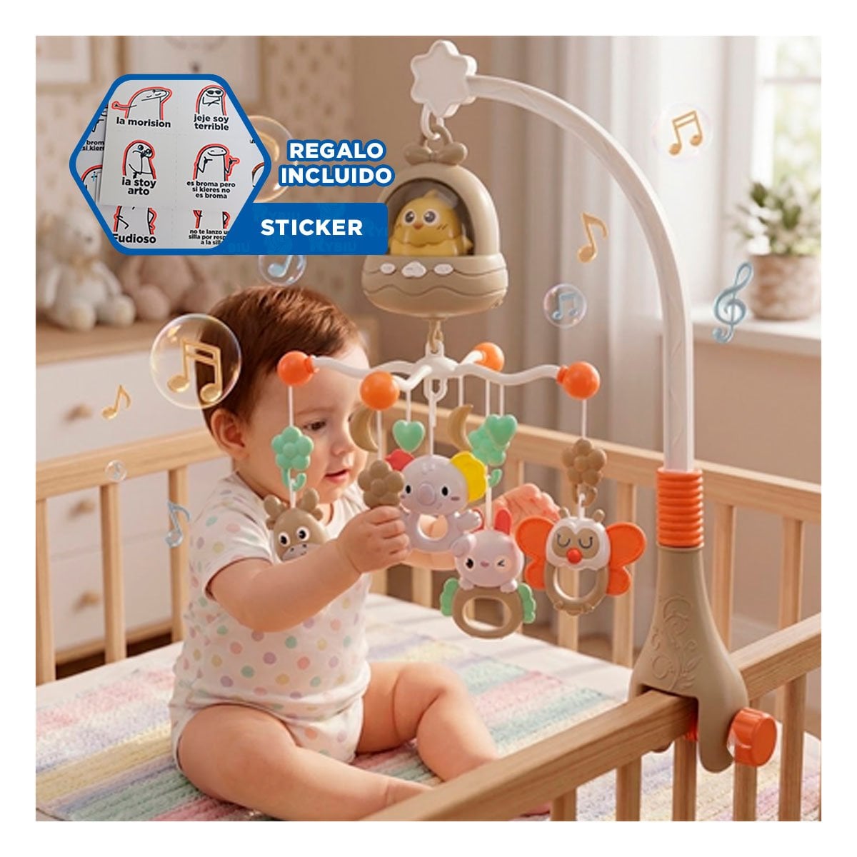 JUGUETE PARA BEBE POLLO MARRON CON MELODIA MUSICAL PARA CUNA Y REGALO STICKER - 1