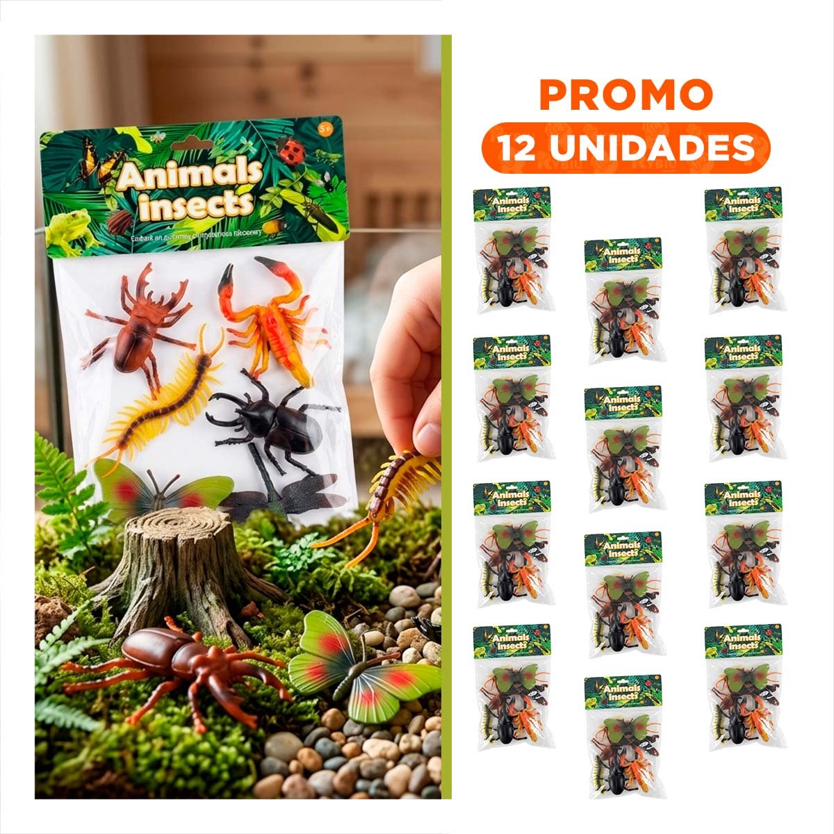 PACK12 SET CON ANIMALES INSECTOS 6 PZS MULTICOLOR PARA DIVERSION Y APRENDIZAJE YREGALO STICKER - 1
