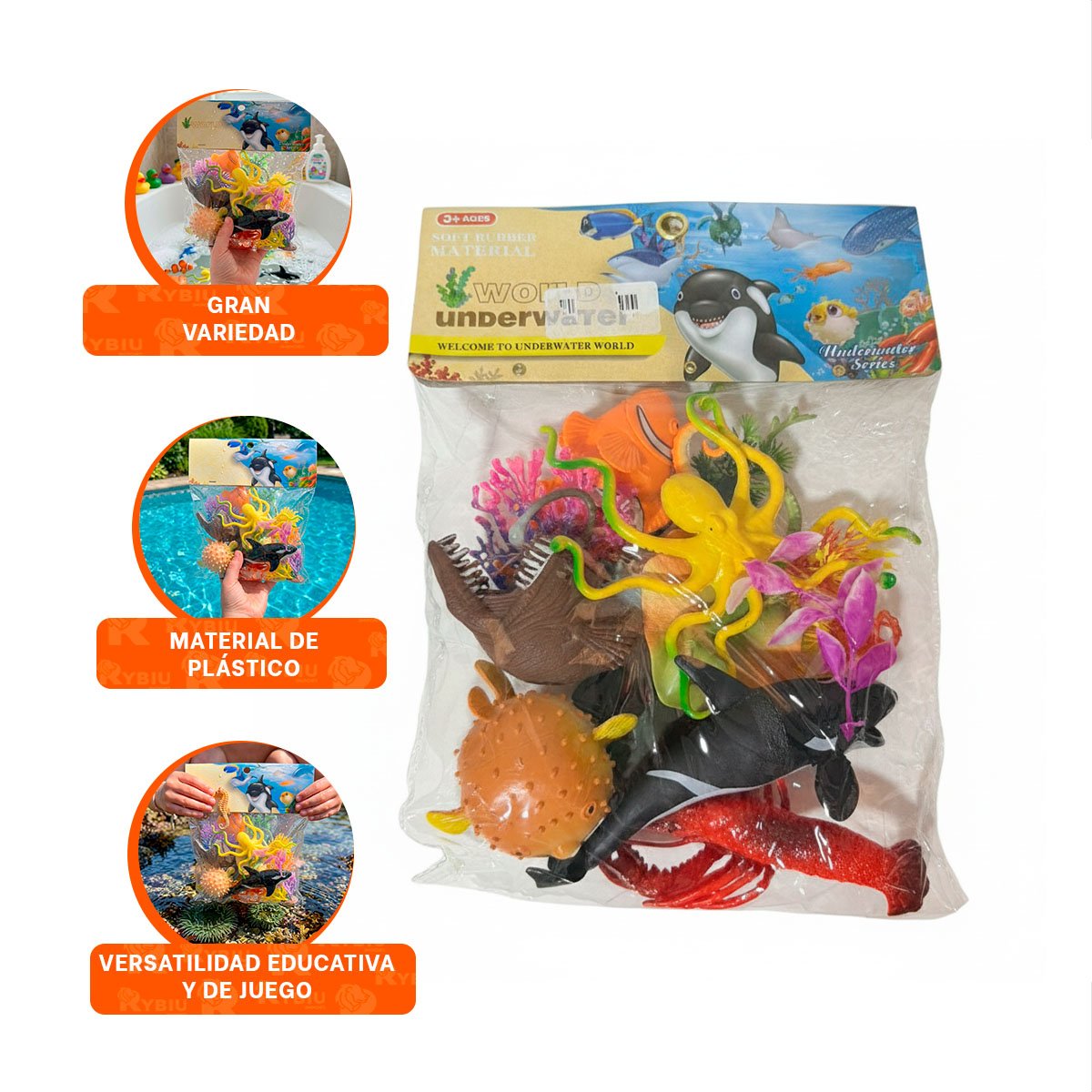 BOLSA CON ANIMALES MARINOS 14 PZS MULTICOLOR PARA APRENDIZAJE Y DIVERSION Y PAPEL REGALO - 5