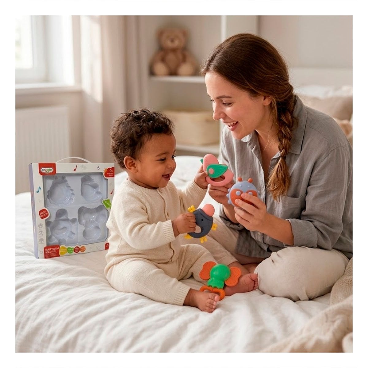 CASCABELES INFANTILES MULTICOLOR CON SONIDO PARA BEBE 4 PIEZAS Y PAPEL REGALO - 3