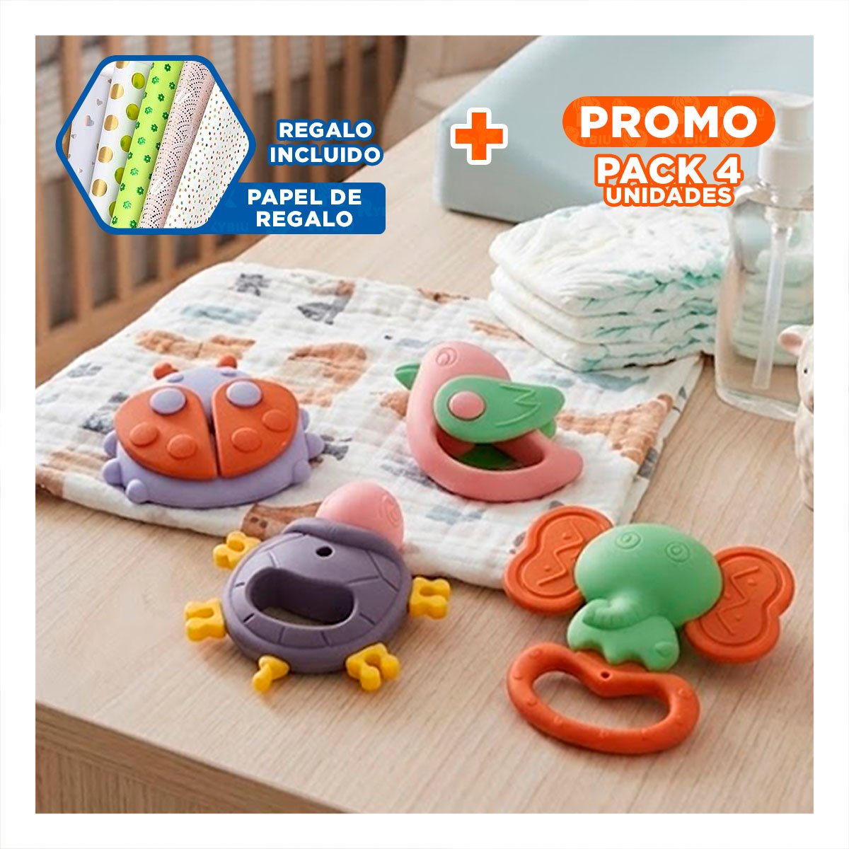 PACK4 CASCABELES PARA BEBE CON JUEGO SENSORIAL MULTICOLOR 4 PIEZAS YPAPEL REGALO - 1