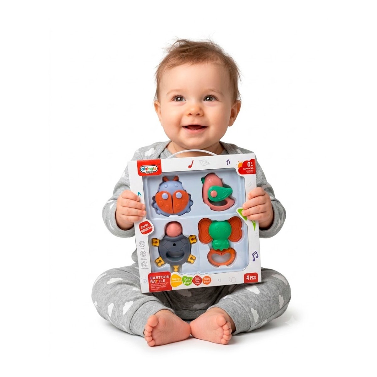 PACK4 CASCABELES PARA BEBE CON JUEGO SENSORIAL MULTICOLOR 4 PIEZAS YPAPEL REGALO - 3