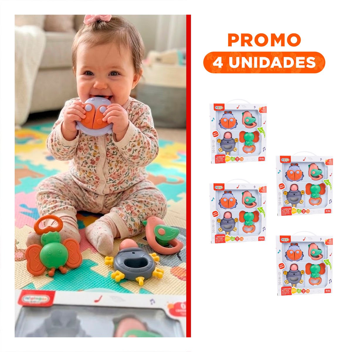 PACK4 JUGUETES SONOROS PARA BEBE CON ENTRETENIMIENTO MULTICOLOR 4 PIEZAS YREGALO STICKER - 1