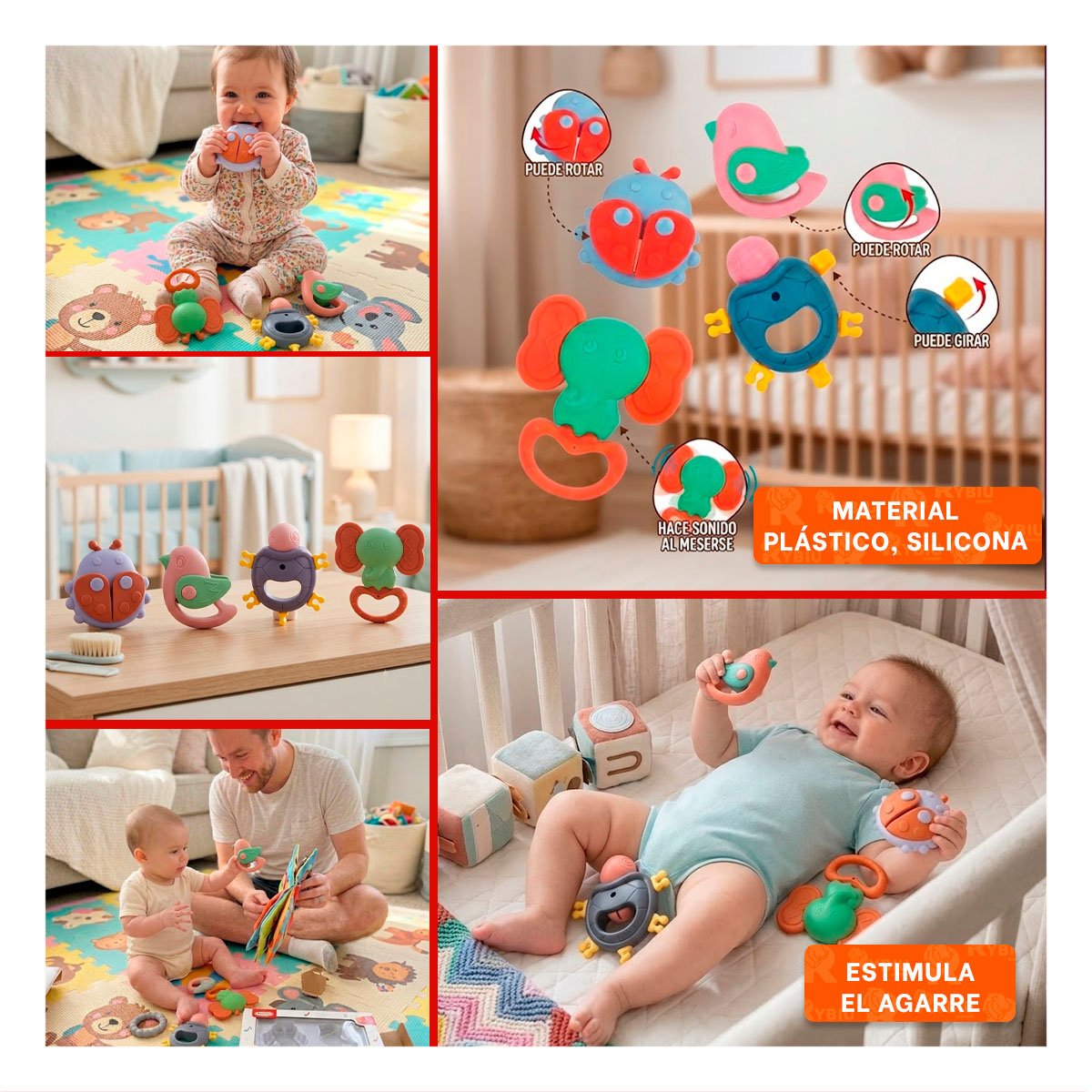PACK4 JUGUETES SONOROS PARA BEBE CON ENTRETENIMIENTO MULTICOLOR 4 PIEZAS YREGALO STICKER - 2