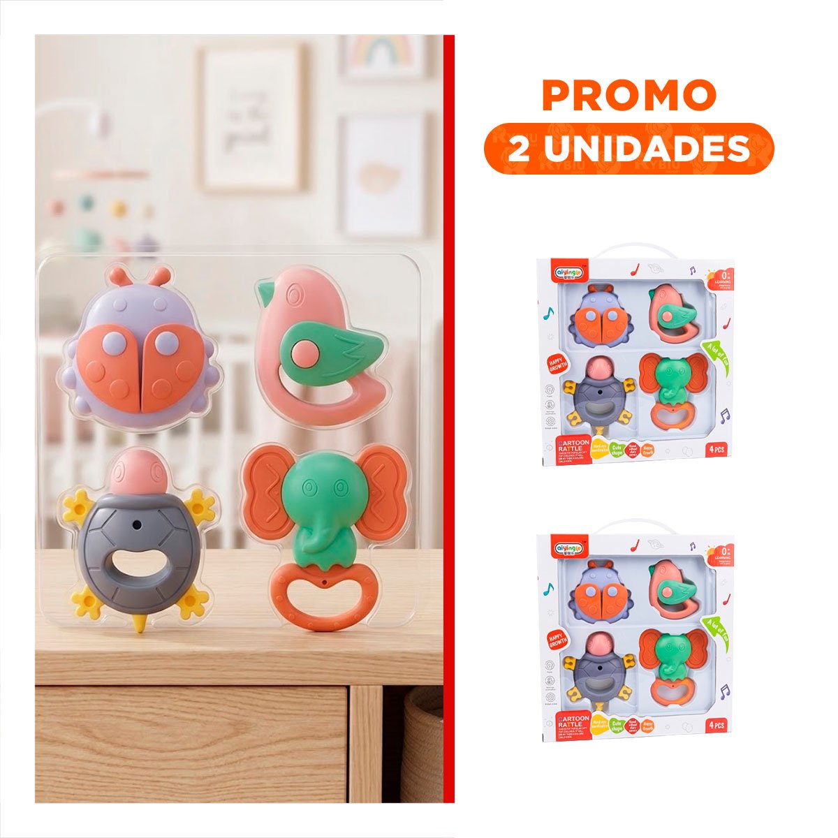 PACK2 CASCABELES CON SONIDO SUAVE PARA BEBE MULTICOLOR 4 PIEZAS - 1