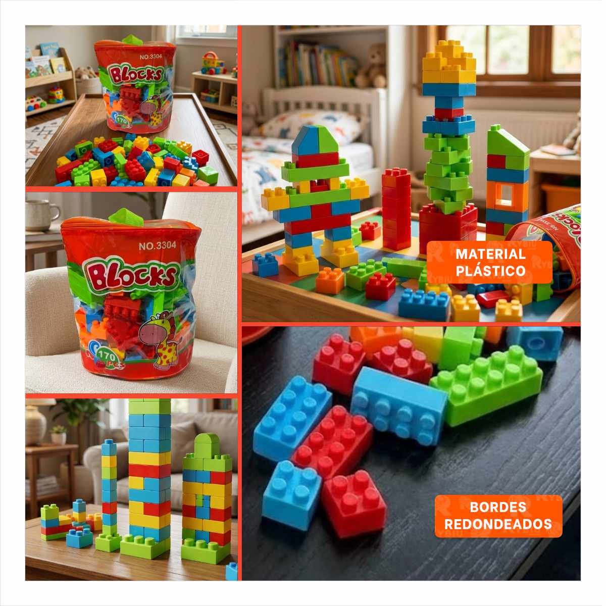 BLOQUES DE CONSTRUCCION INFANTIL 170 PIEZAS CON BOLSA MULTICOLOR NARANJA RECREATIVOS Y STICKY - 5