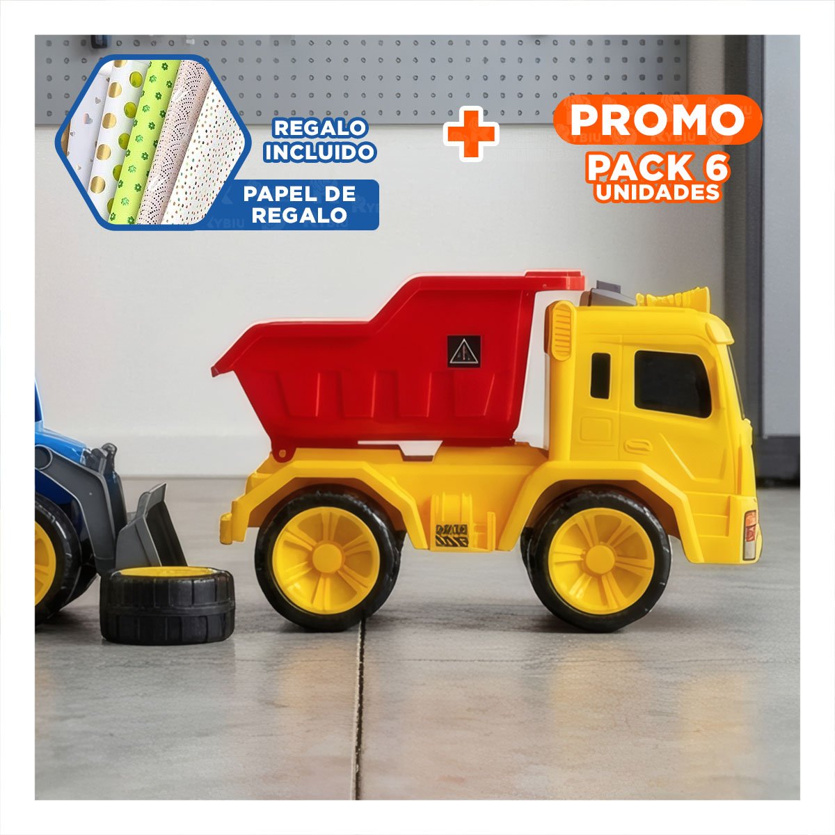 PACK6 VEHICULO DE CARGA PESADA 32X16,5X20 CM ROJO Y AMARILLO PARA DIVERSION YPAPEL REGALO - 1