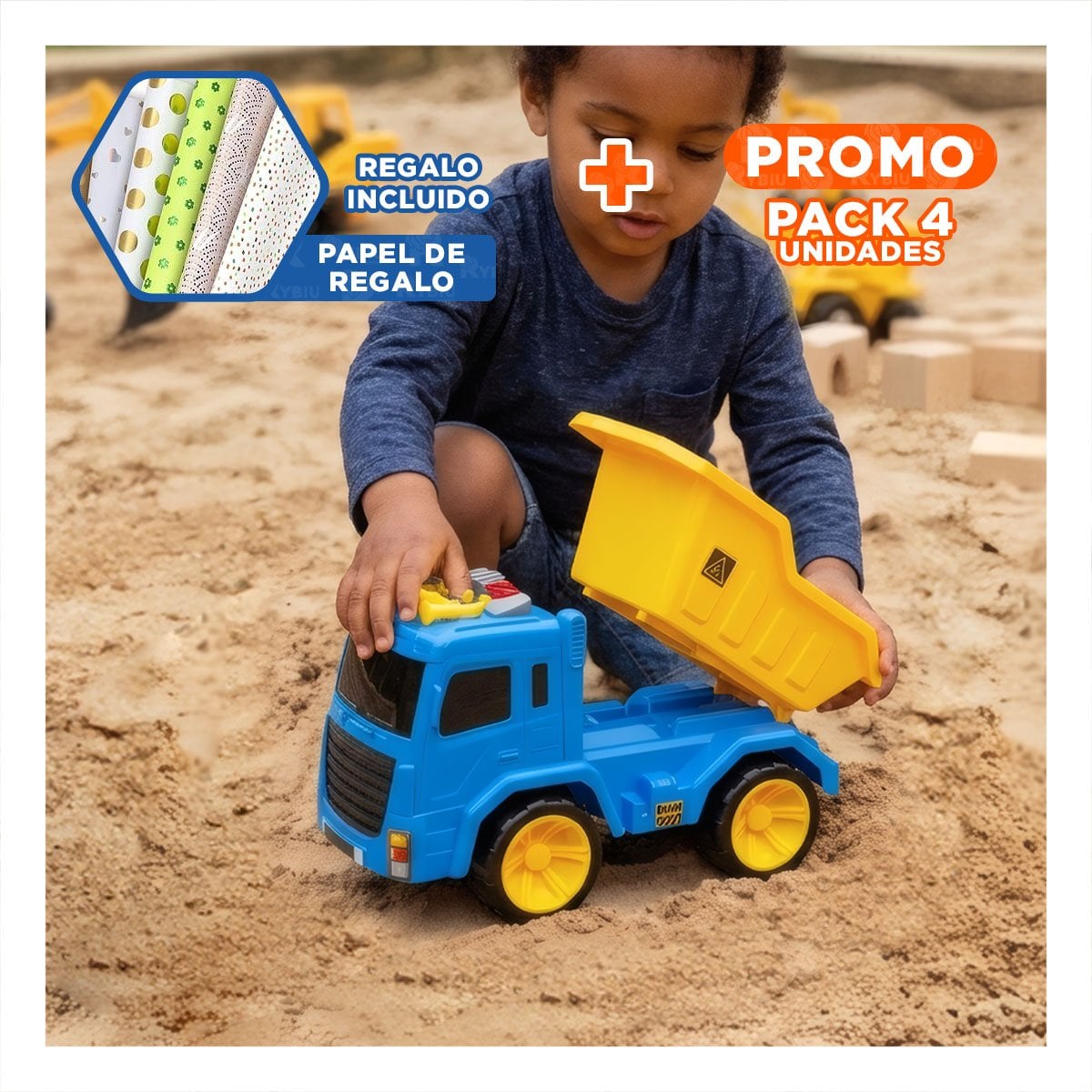 PACK4 VEHICULO DE TRANSPORTE VOLQUETE 32X16,5X20 CM AZUL Y AMARILLO PARA CASA YPAPEL REGALO - 1