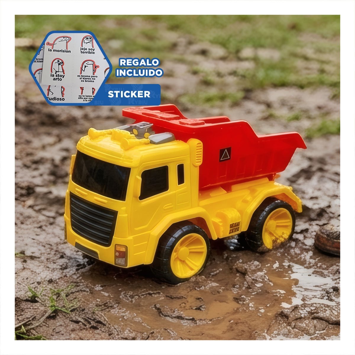 JUGUETE CAMION VOLQUETE 32X16,5X20 CM ROJO Y AMARILLO PARA DIVERSION DIARIA Y REGALO STICKER - 1