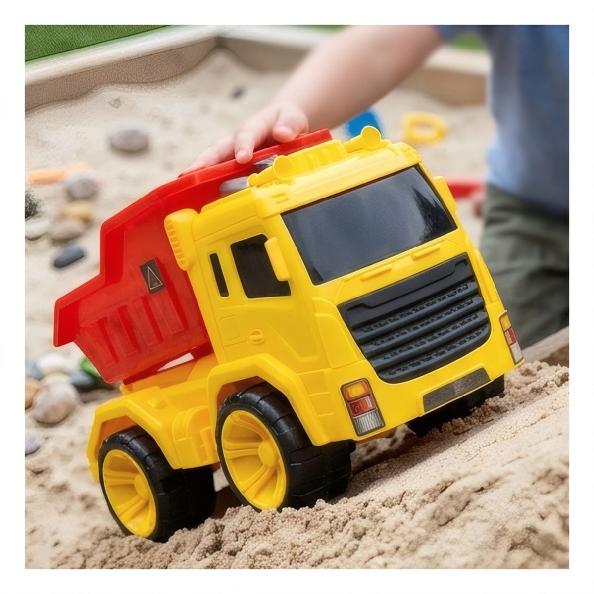 JUGUETE CAMION VOLQUETE 32X16,5X20 CM ROJO Y AMARILLO PARA DIVERSION DIARIA Y REGALO STICKER - 2