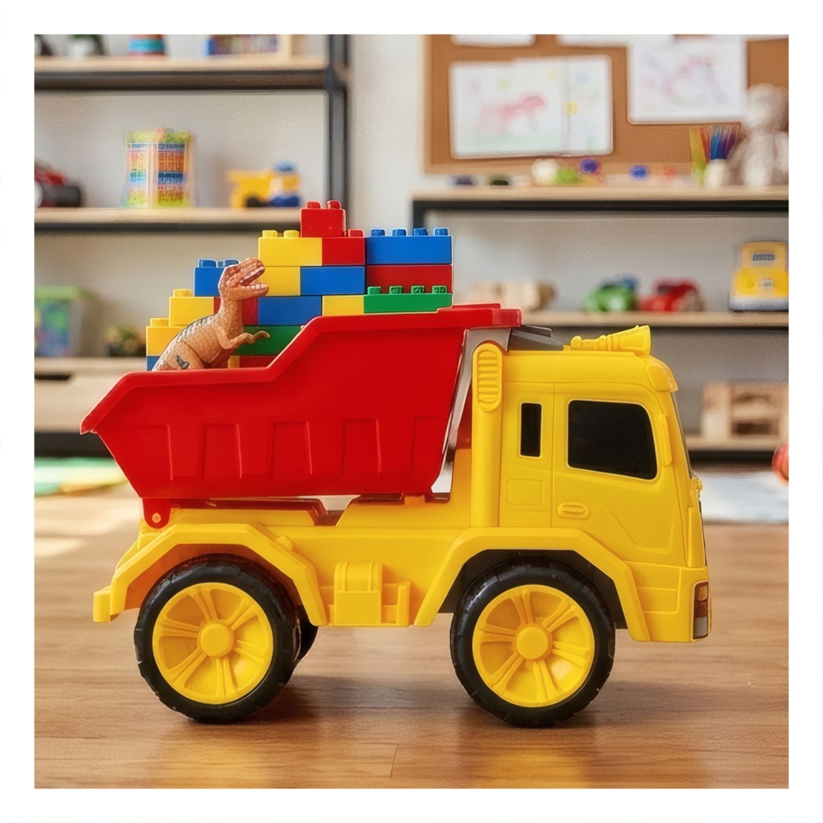 JUGUETE CAMION VOLQUETE 32X16,5X20 CM ROJO Y AMARILLO PARA DIVERSION DIARIA Y REGALO STICKER - 5