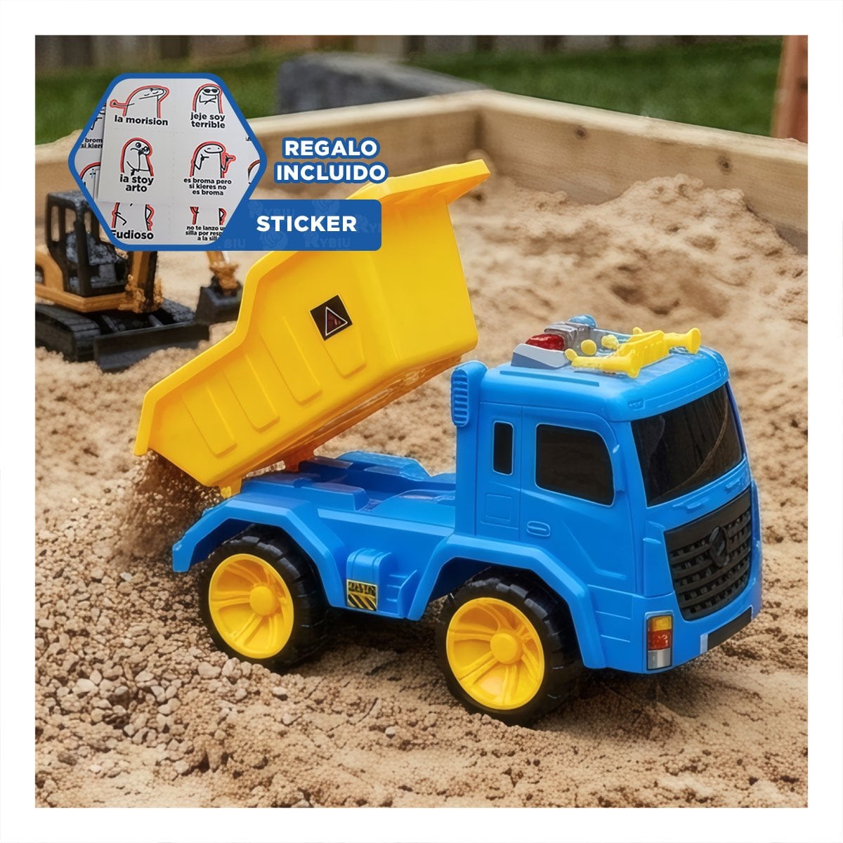 JUGUETE CAMION VOLQUETE 32X16,5X20 CM AZUL Y AMARILLO PARA DIVERSION DIARIA Y REGALO STICKER - 1