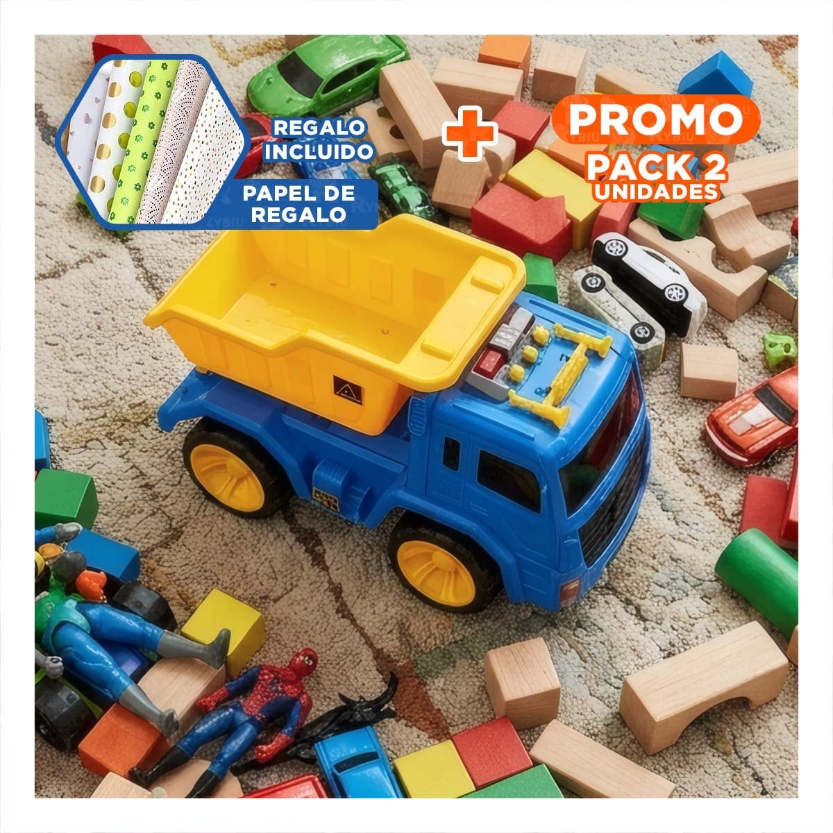 PACK2 JUGUETE CON VOLQUETE 32X16,5X20 CM AZUL Y AMARILLO PARA NINOS YPAPEL REGALO - 1