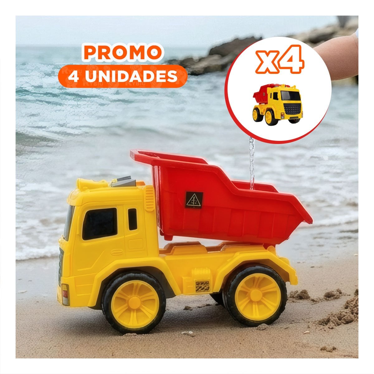 PACK4 CAMION CON PLATAFORMA VOLQUETE 32X16,5X20 CM ROJO Y AMARILLO PARA JUEGO - 1
