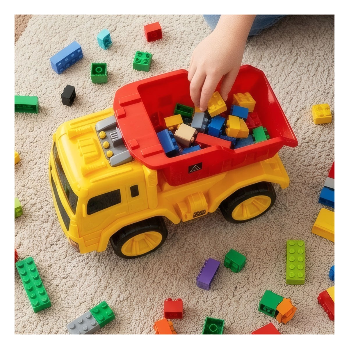 PACK4 CAMION CON PLATAFORMA VOLQUETE 32X16,5X20 CM ROJO Y AMARILLO PARA JUEGO - 5