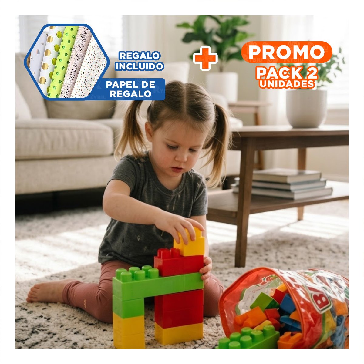 PACK2 KIT DE BLOQUES CREATIVOS 170 PIEZAS CON BOLSA MULTICOLOR NARANJA YPAPEL REGALO - 1