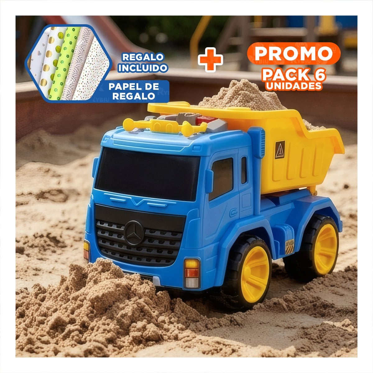 PACK6 VEHICULO DE CARGA PESADA 32X16,5X20 CM AZUL Y AMARILLO PARA DIVERSION YPAPEL REGALO - 1