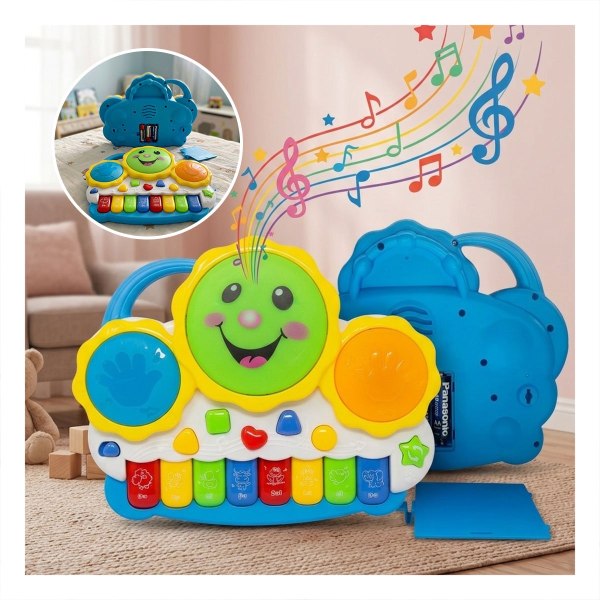 TECLADO CON RITMOS SOL DRUM KEYBOARD AZUL Y NARANJA PARA NINOS PEQUENOS Y PAPEL REGALO - 5