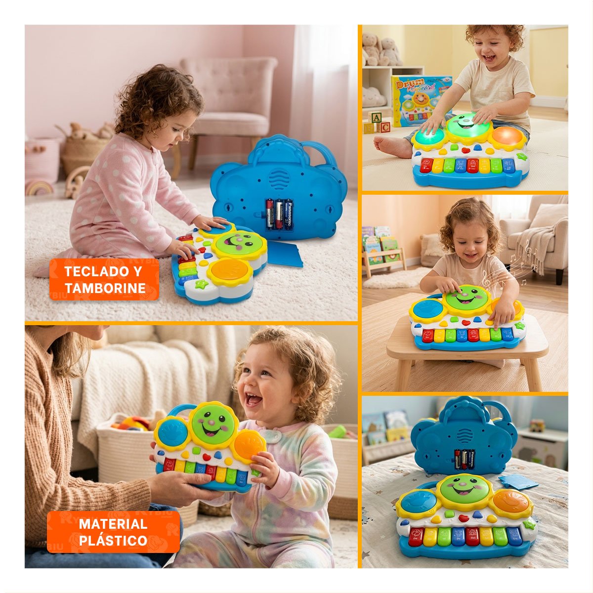 PIANO CON EFECTOS MUSICALES SOL DRUM KEYBOARD AZUL Y NARANJA PARA DIVERSION Y STICKY - 5