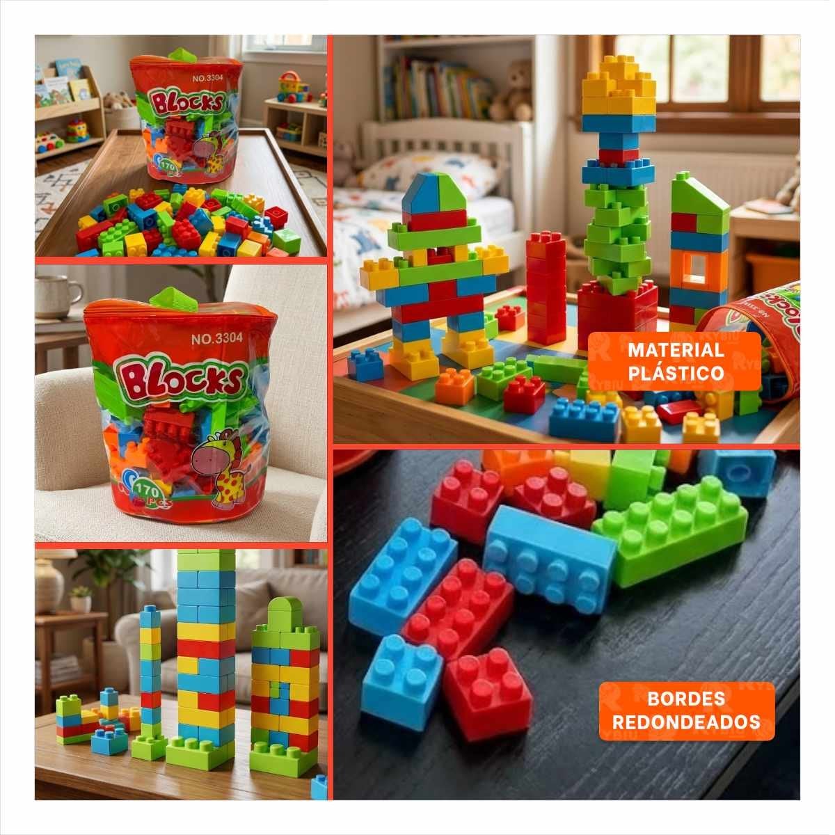 BLOQUES PARA CONSTRUCCION CREATIVA 170 PIEZAS CON BOLSA MULTICOLOR NARANJA INFANTIL - 5