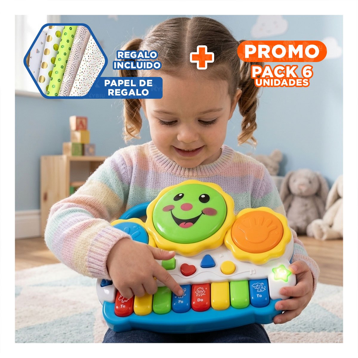 PACK6 TECLADO CON ACTIVIDADES MUSICALES SOL DRUM AZUL Y NARANJA RECREATIVO YPAPEL REGALO - 1