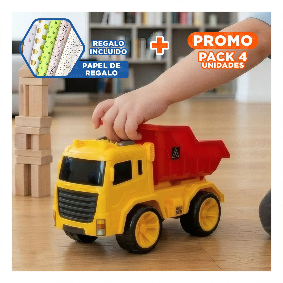 PACK4 VEHICULO DE TRANSPORTE VOLQUETE 32X16,5X20 CM ROJO Y AMARILLO PARA CASA YPAPEL REGALO - 1