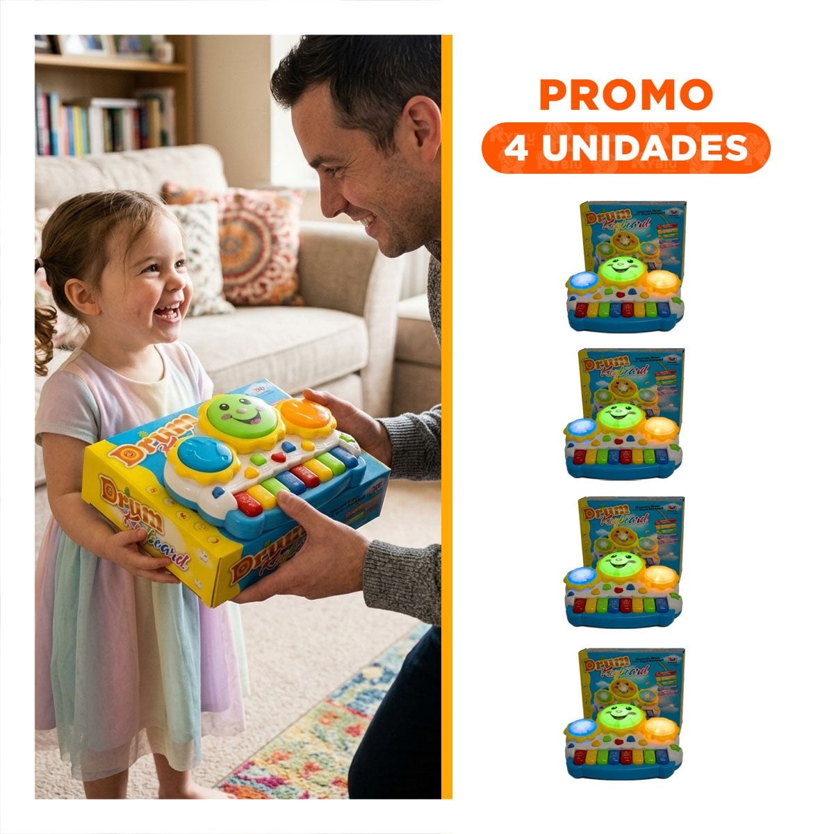 PACK4 INSTRUMENTO RECREATIVO CON TECLAS SOL DRUM AZUL Y NARANJA INFANTIL YREGALO STICKER - 1