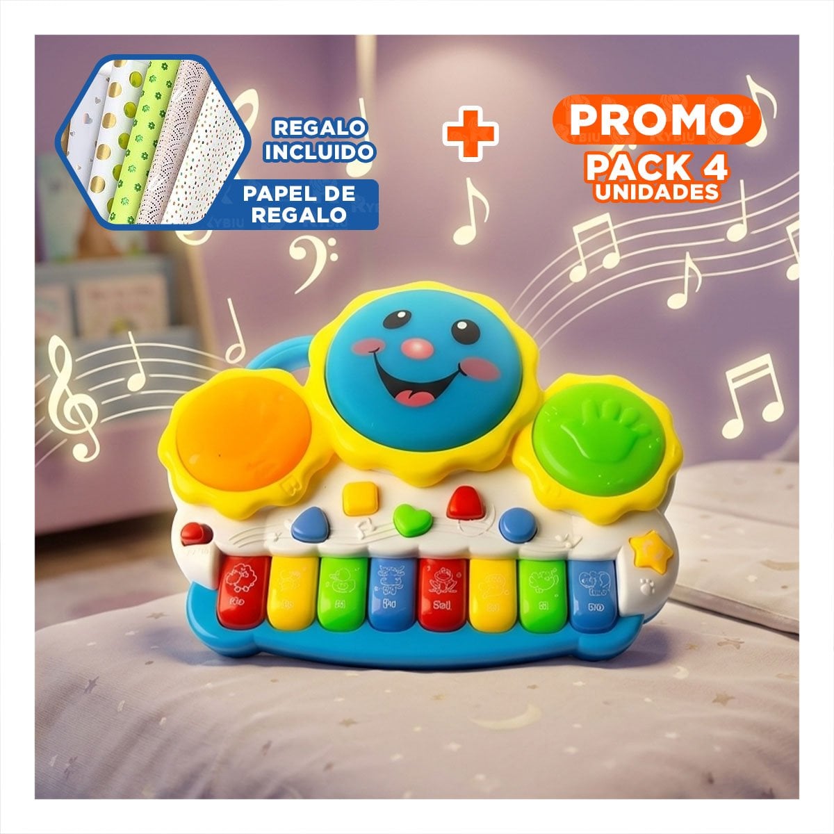 PACK4 TECLADO PARA JUEGOS CREATIVOS SOL DRUM KEYBOARD VERDE Y NARANJA CON SONIDOS YPAPEL REGALO - 1