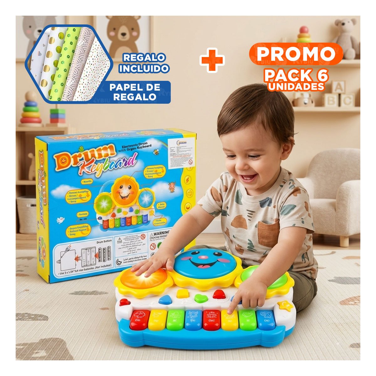 PACK6 TECLADO CON ACTIVIDADES MUSICALES SOL DRUM VERDE Y NARANJA RECREATIVO YPAPEL REGALO - 1