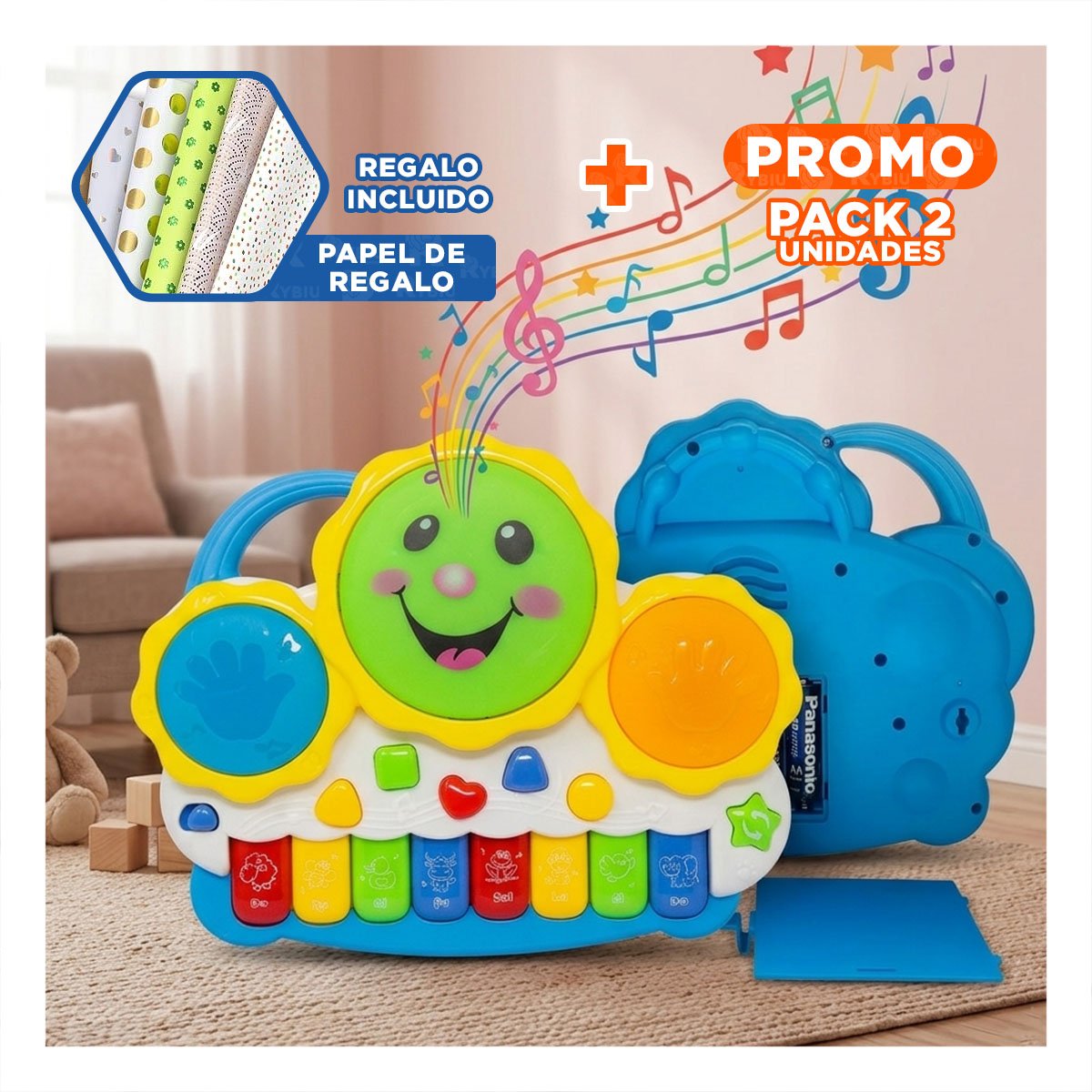 PACK2 INSTRUMENTO SOL DRUM KEYBOARD AZUL Y NARANJA PARA JUEGO DIARIO YPAPEL REGALO - 1