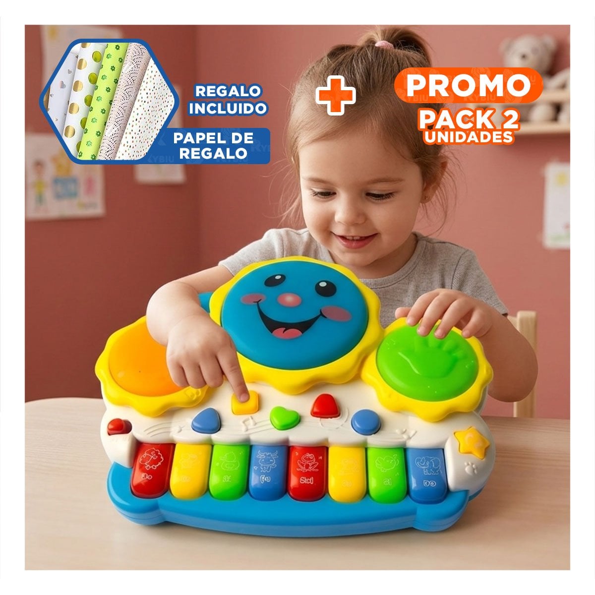 PACK2 INSTRUMENTO SOL DRUM KEYBOARD VERDE Y NARANJA PARA JUEGO DIARIO YPAPEL REGALO - 1