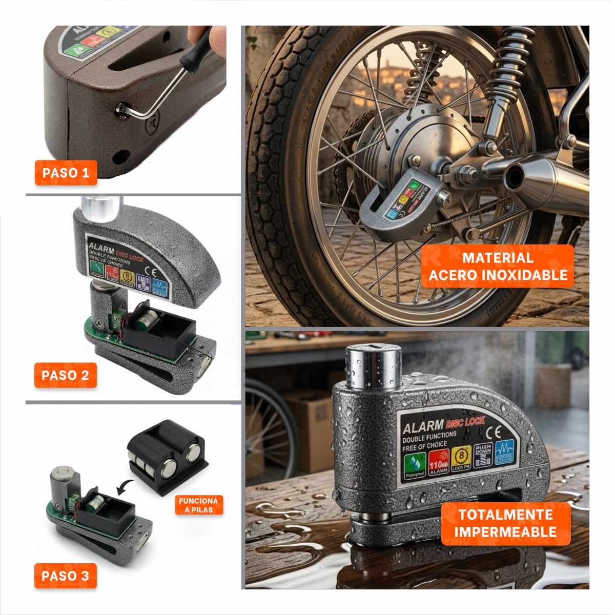 PACK4 SEGURO PARA MOTO CON ALERTA SONORA Y ACABADO COLOR PLOMO YREGALO STICKER - 2