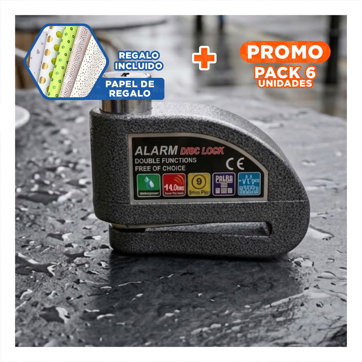 PACK6 CERRADURA CON SIRENA INTEGRADA PARA MOTO Y BLOQUEO COLOR PLOMO YPAPEL REGALO - 1