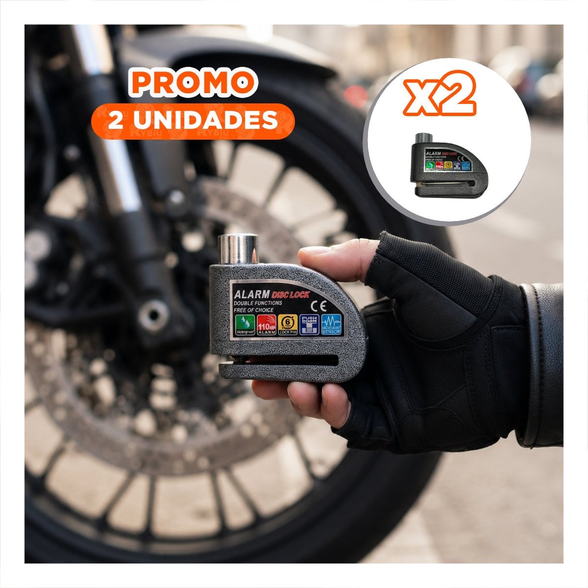 PACK2 BLOQUEADOR DE MOTO COLOR PLOMO CON RESGUARDO ANTIRROBO Y SIRENA YREGALO STICKER - 1