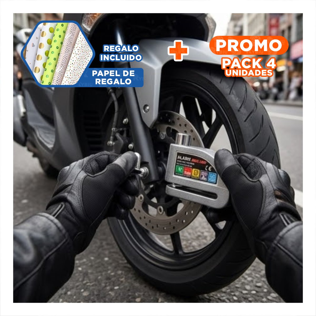 PACK4 CERRADURA ANTIRROBO COLOR PLOMO PARA MOTO CON AVISO DE SEGURIDAD YPAPEL REGALO - 1