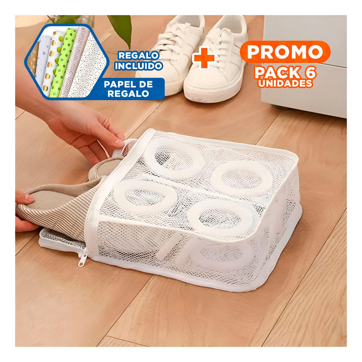 PACK6 ORGANIZADOR MALLA LAVADORA ZAPATOS Y ROPA FORMATO RECTANGULAR BLANCO YPAPEL REGALO - 1