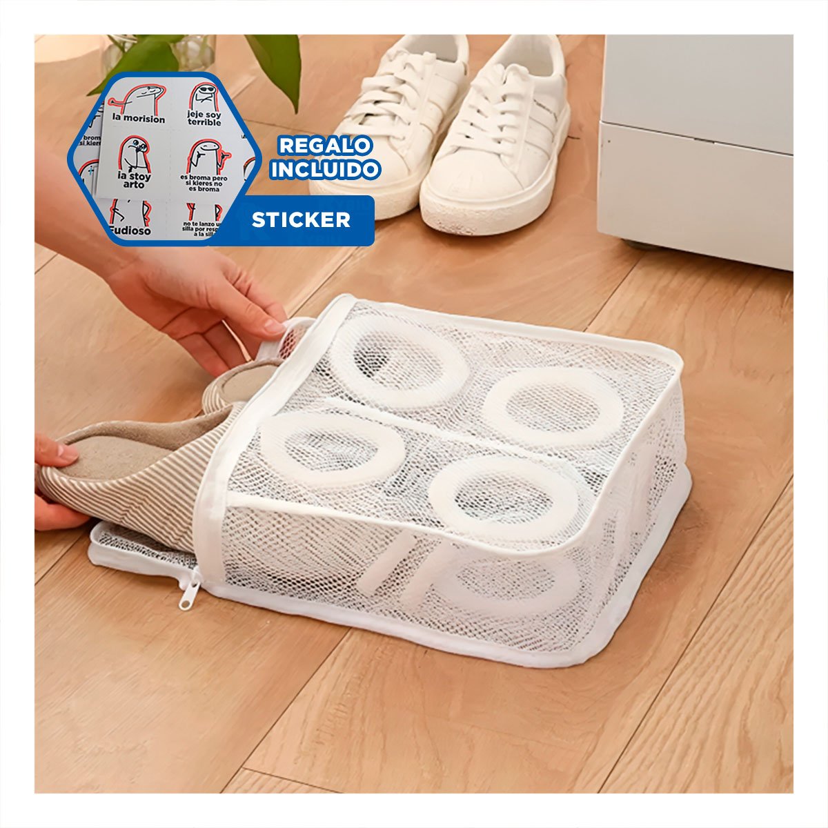 FUNDA MALLA PARA LIMPIEZA ROPA ESTILO CILINDRO BLANCO ESTAMPADO ROSAS PRO YREGALO STICKER - 1