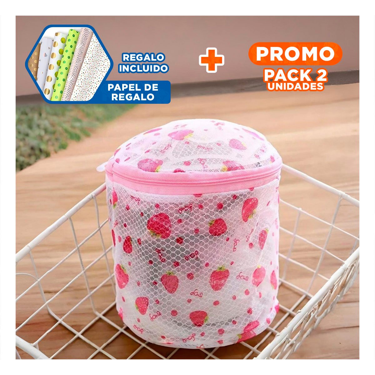 PACK2 SACO MALLA LAVADORA ROPA DISENO CILINDRO BLANCO CON FRESAS FIRME YPAPEL REGALO - 1