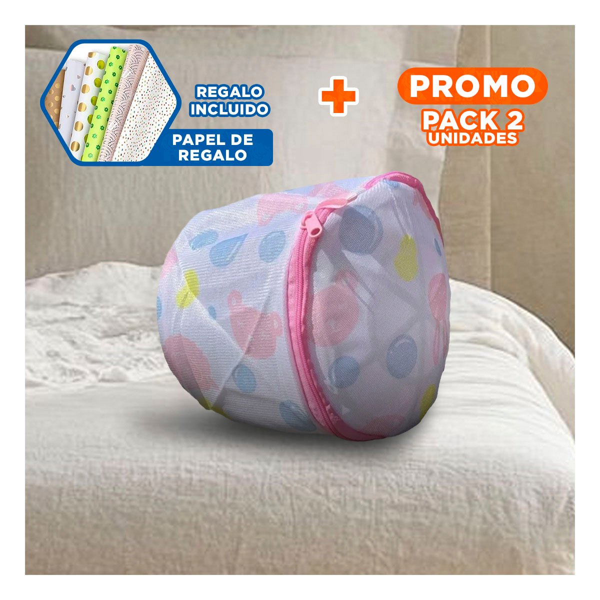 PACK2 SACO MALLA LAVADORA ROPA DISENO CILINDRO BLANCO CON OSITOS FIRME YPAPEL REGALO - 1
