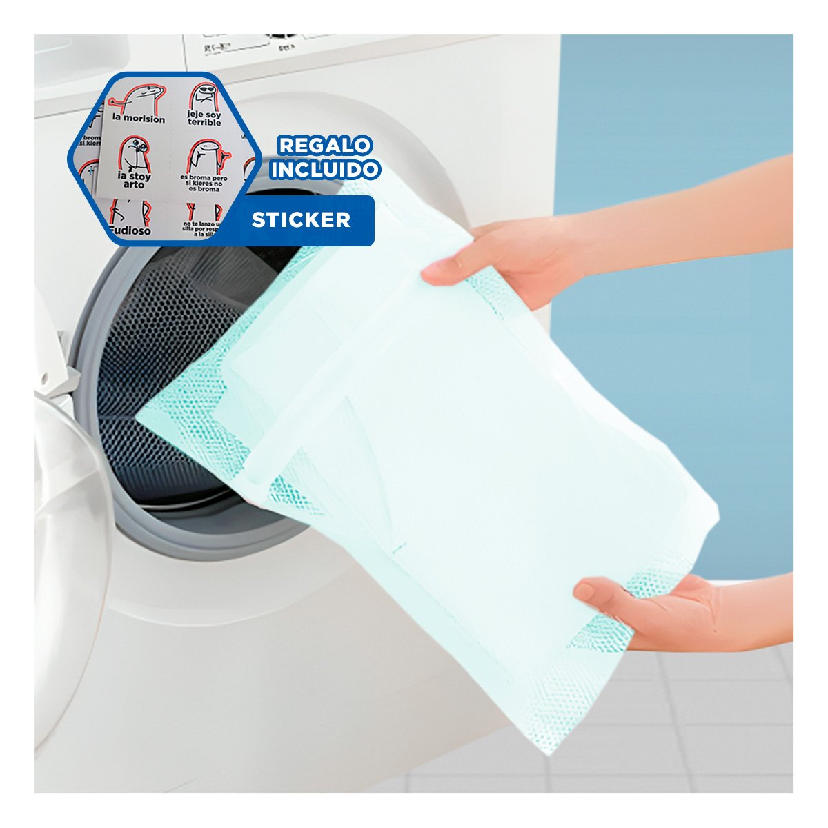 FUNDA MALLA PROTECTORA ROPA ESTILO RECTANGULAR 40X30CM CELESTE PRACTICO YREGALO STICKER - 1