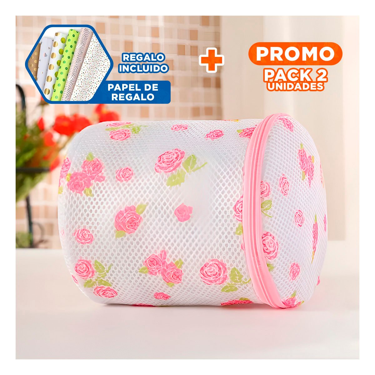 PACK2 SACO MALLA LAVADORA ROPA DISENO CILINDRO BLANCO CON FLORES FIRME YPAPEL REGALO - 1