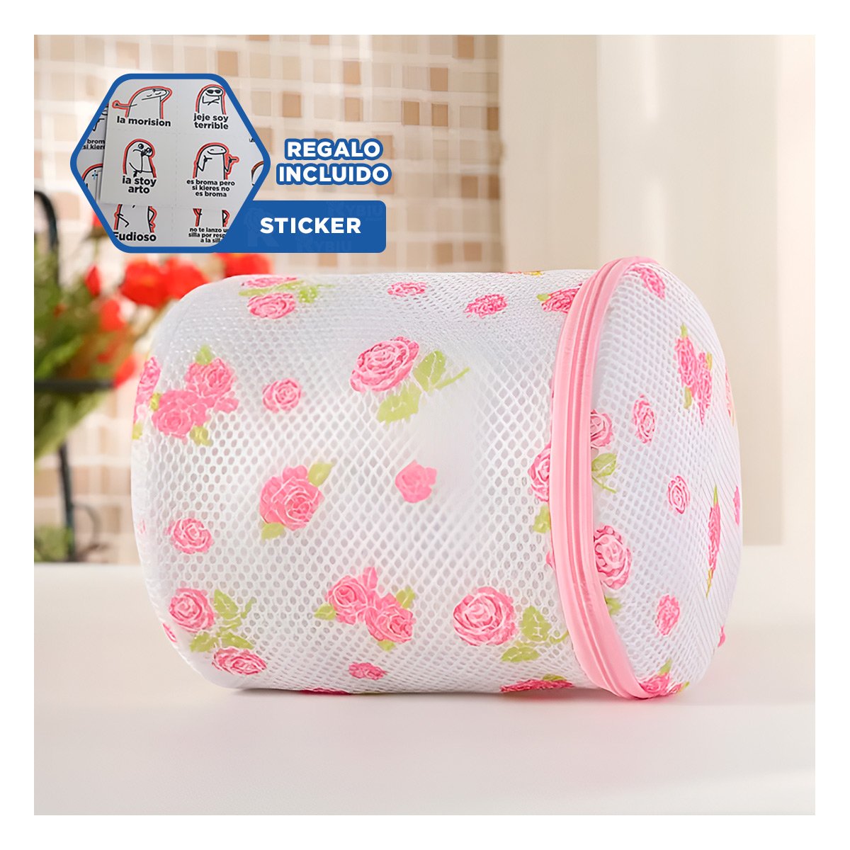 FUNDA MALLA PROTECTORA ROPA ESTILO CILINDRO BLANCO CON FLORES PRACTICO YREGALO STICKER - 1