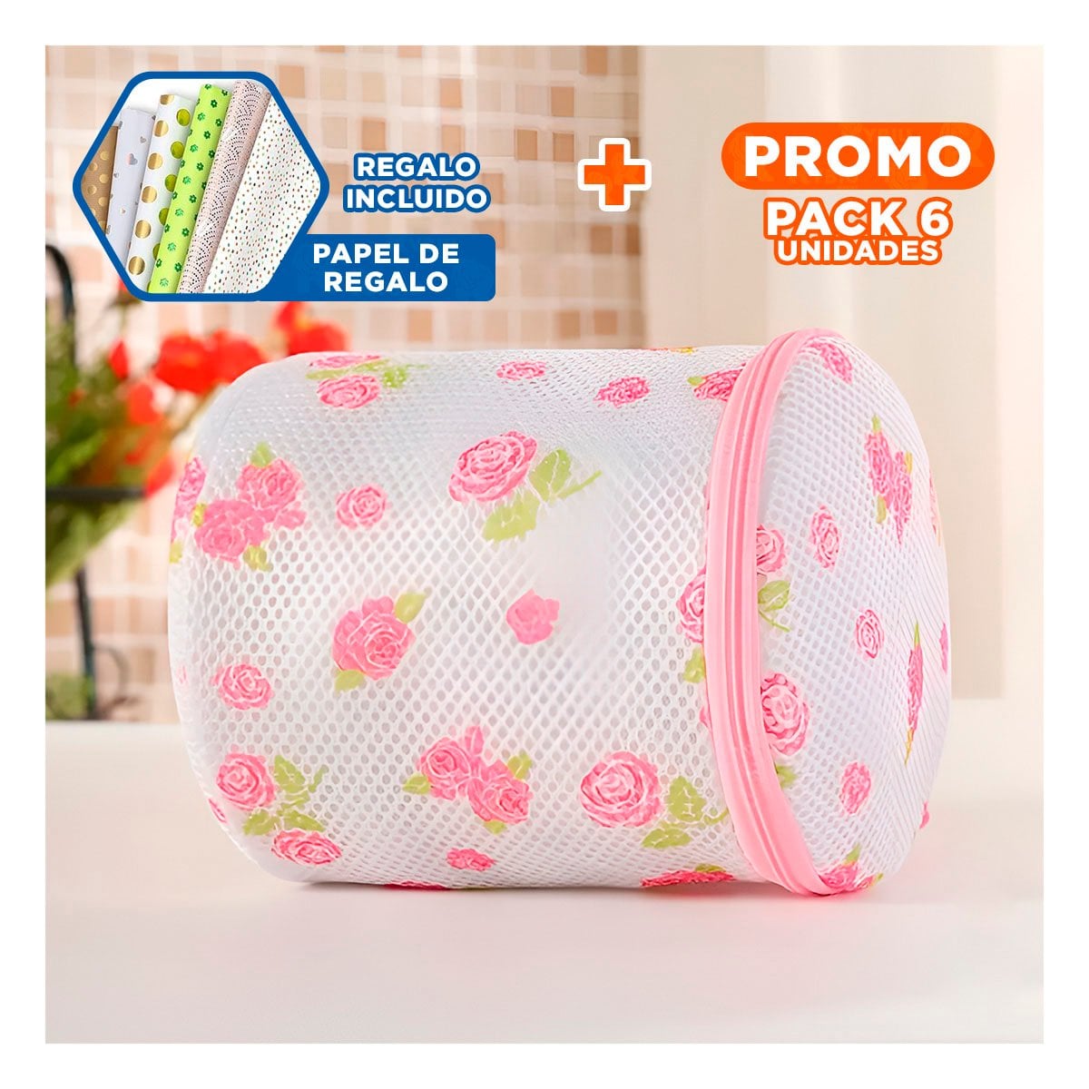 PACK6 COBERTOR MALLA PARA LIMPIEZA ROPA FORMATO CILINDRO BLANCO CON FLORES YPAPEL REGALO - 1