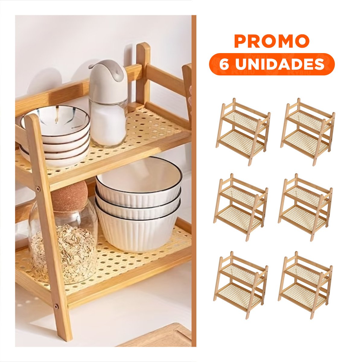PACK6 MUEBLE 2 NIVELES DE BAMBU BEIGE ESTANTE COCINA MULTIUSO - 1