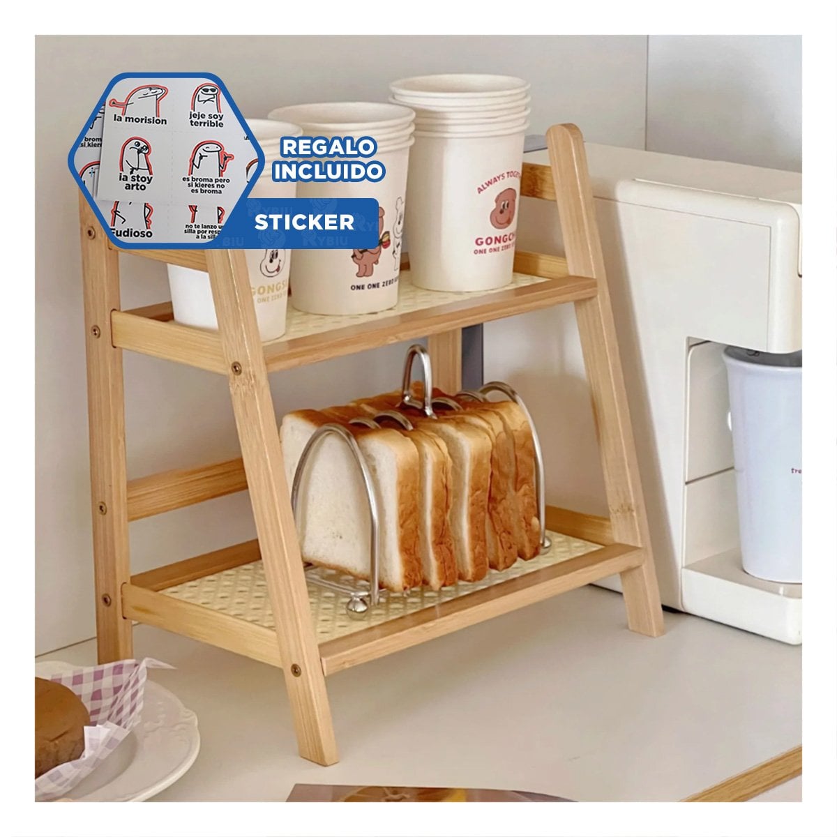 ORGANIZADOR DE BAMBU 2 NIVELES BEIGE ESTANTE PARA COCINA Y ALMACEN YREGALO STICKER - 1