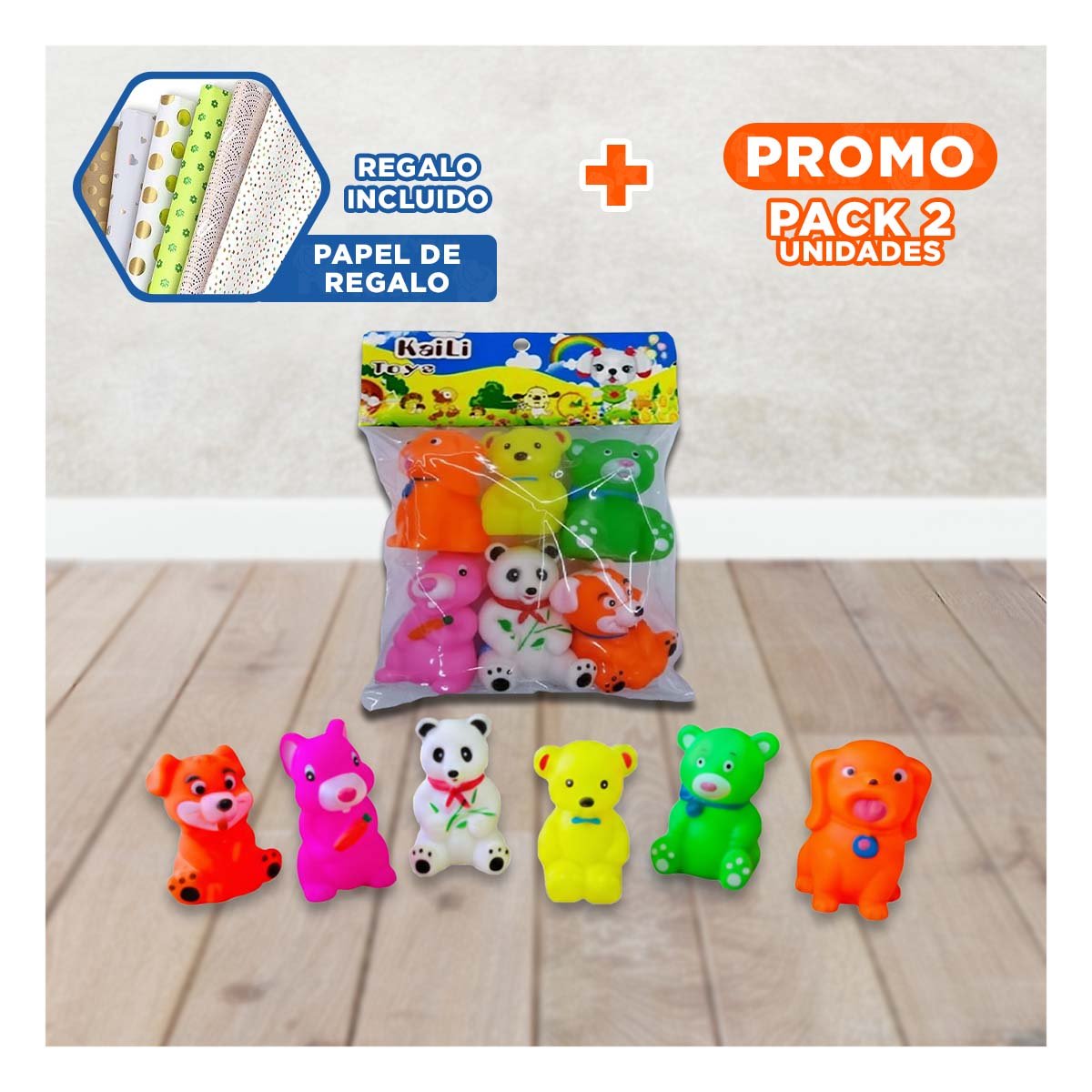 PACK2 JUGUETES MULTICOLOR DE ANIMALES 6 PIEZAS PARA NIÑOS YPAPEL REGALO - 1